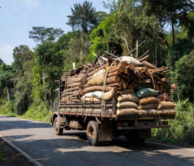 Caminhão de carga em estrada de Rondônia, Brasil, sobre acordo contra excesso de peso