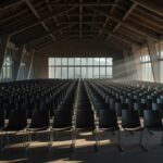 Auditório vazio em Porto Velho durante convenção política tensa