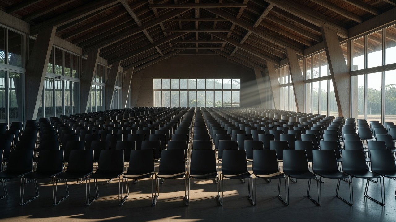 Auditório vazio em Porto Velho durante convenção política tensa