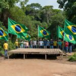 Evento político em Rondônia com bandeiras e público para apoio a candidato ao Senado