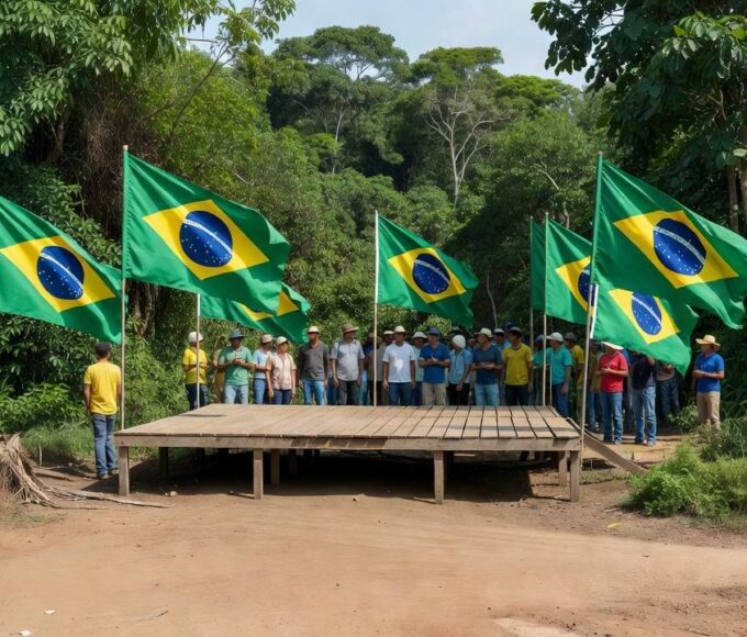 Evento político em Rondônia com bandeiras e público para apoio a candidato ao Senado