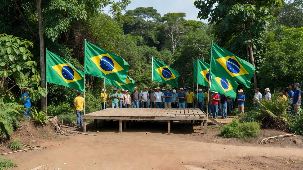 Evento político em Rondônia com bandeiras e público para apoio a candidato ao Senado