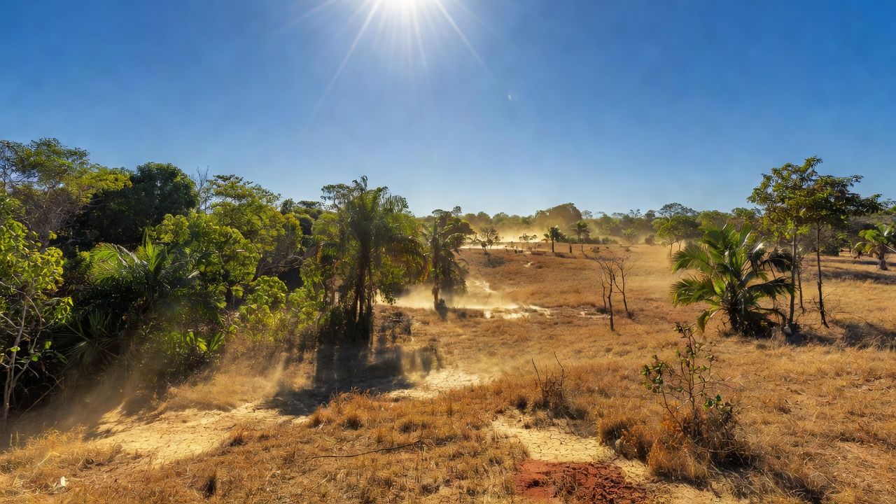 Paisagem ensolarada em Rondônia com céu azul e sol forte, calor de até 37°C