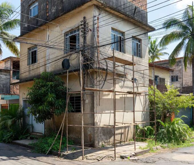 Fios elétricos e andaime em prédio no centro de Porto Velho