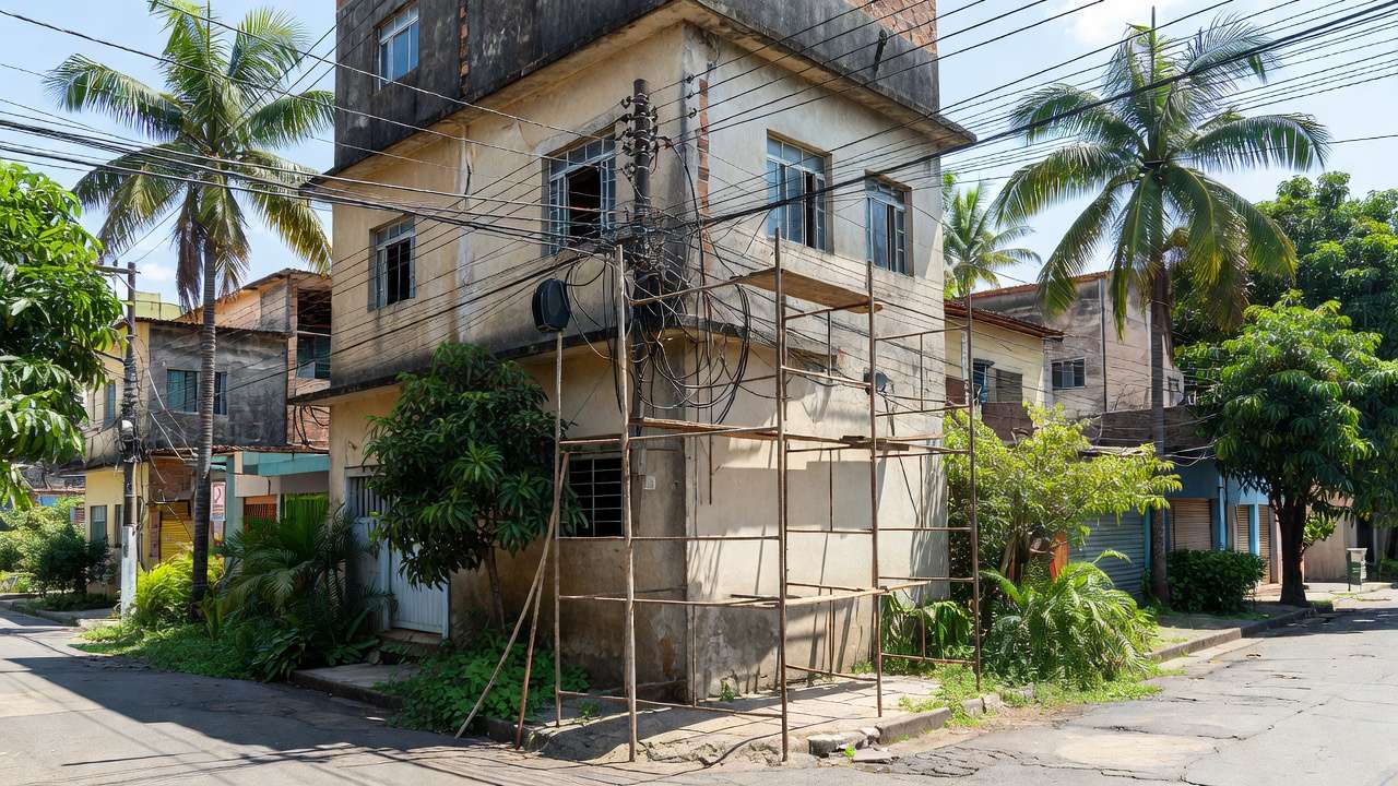 Fios elétricos e andaime em prédio no centro de Porto Velho