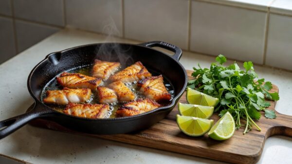 Peixe frito crocante em frigideira com limão, técnica para fritura sem odor forte