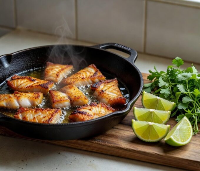 Peixe frito crocante em frigideira com limão, técnica para fritura sem odor forte