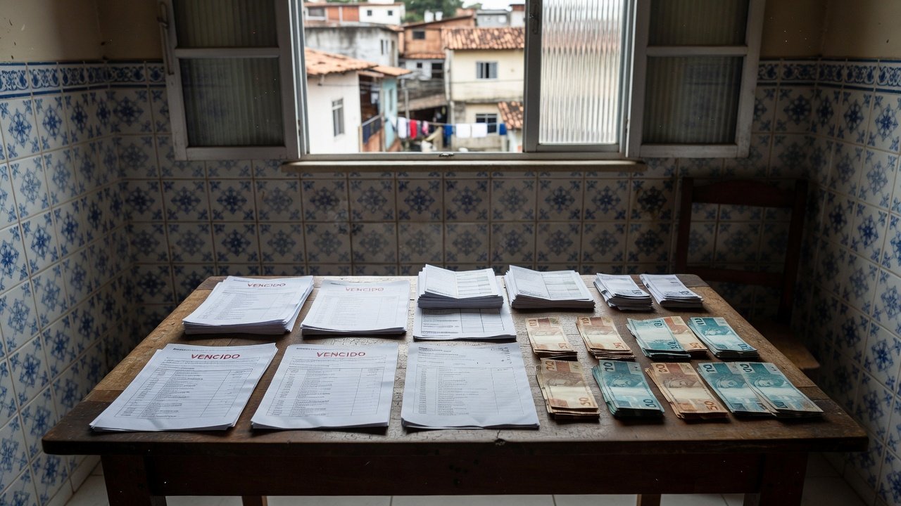Documentos financeiros e notas de real em mesa de casa brasileira sobre endividamento familiar
