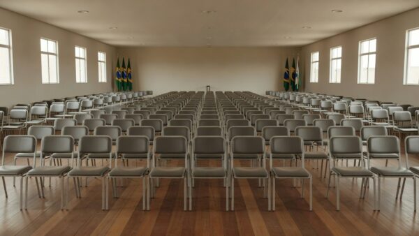 Sala de convenções política vazia em Rondônia com bandeiras do Brasil