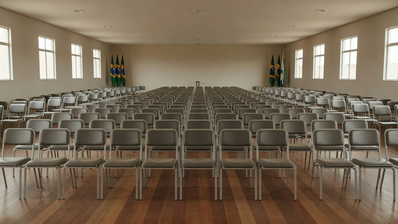 Sala de convenções política vazia em Rondônia com bandeiras do Brasil