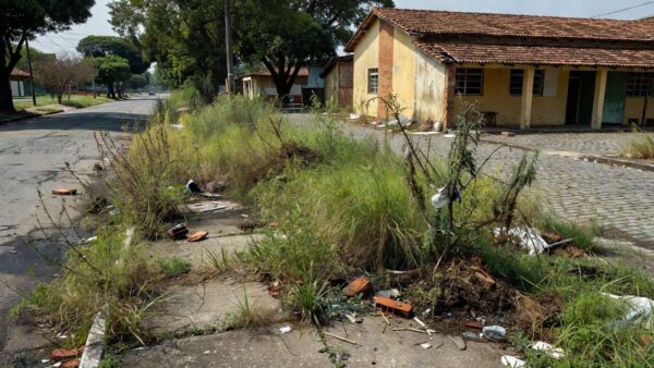Calçada com mato e entulho em frente ao Colégio 21 de Abril