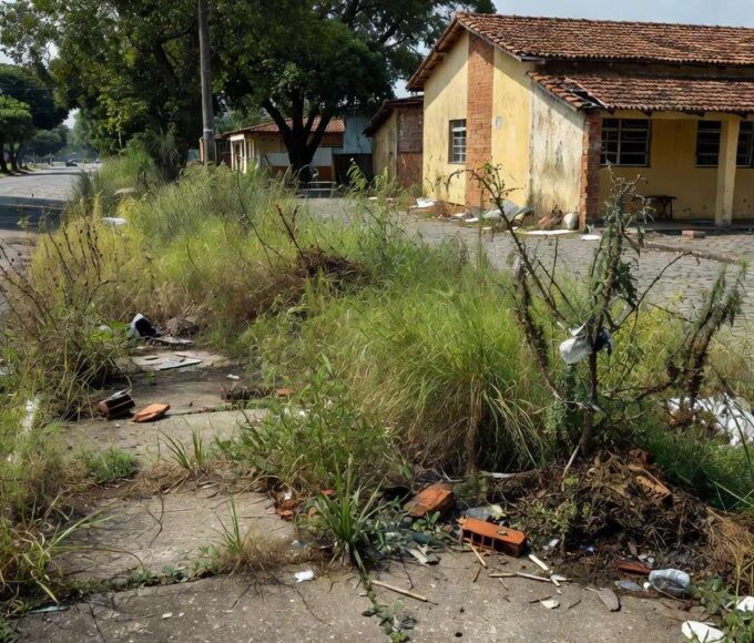Calçada com mato e entulho em frente ao Colégio 21 de Abril