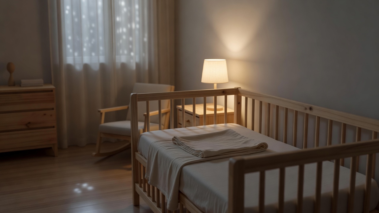 Quarto de bebê com berço em luz suave para melhorar o sono noturno