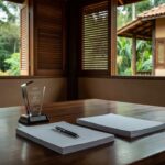 Troféu de premiação de jornalismo da OAB Rondônia sobre mesa de escritório