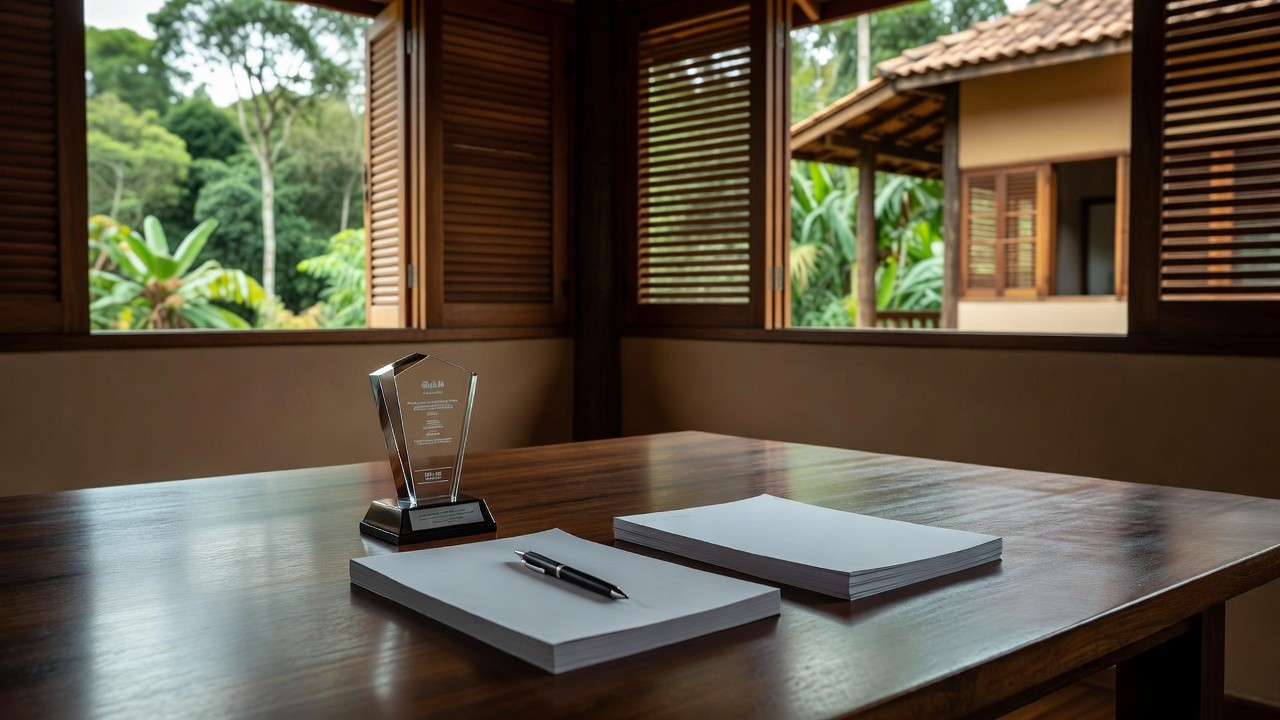 Troféu de premiação de jornalismo da OAB Rondônia sobre mesa de escritório