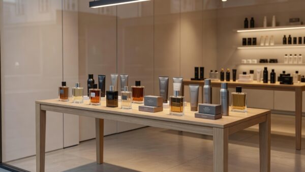 Vitrine com kits de presentes para o Dia dos Pais na campanha do Boticário