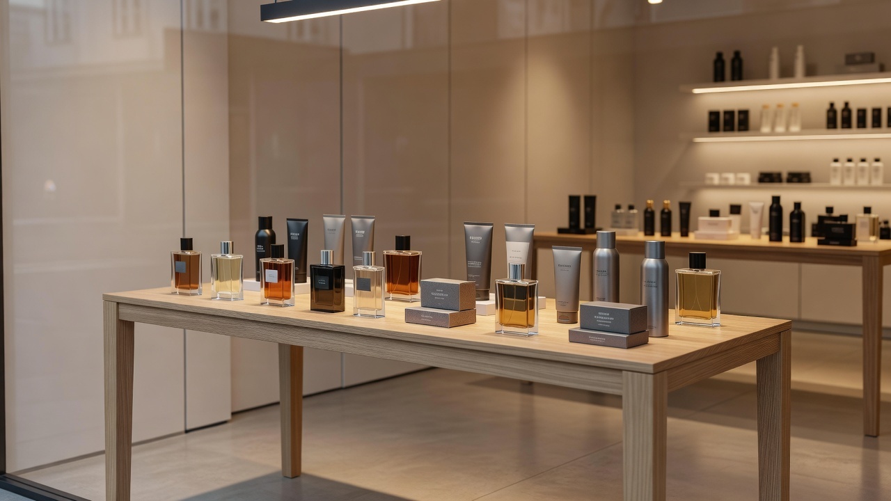 Vitrine com kits de presentes para o Dia dos Pais na campanha do Boticário