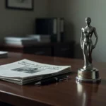 Troféu de prêmio de jornalismo sobre violência contra a mulher ao lado de jornais brasileiros
