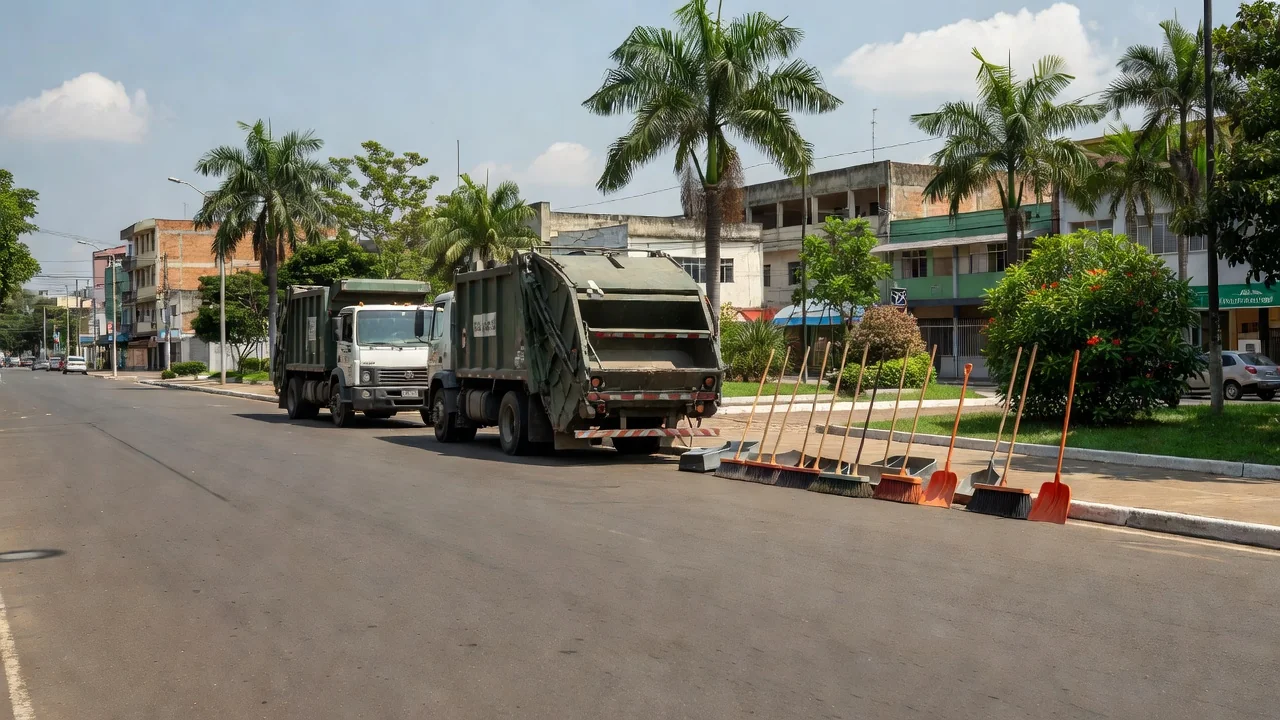 Ruas de Porto Velho com equipamentos de limpeza urbana para garis