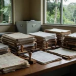 Documentos e pastas de licitações do Detran-RO em mesa de escritório