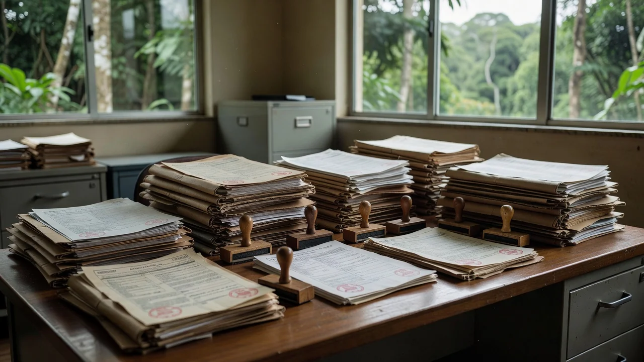 Documentos e pastas de licitações do Detran-RO em mesa de escritório