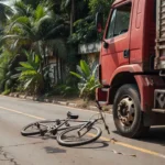 Caminhão invade ciclovia em Porto Velho com bicicleta danificada