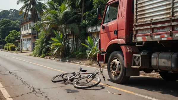 Caminhão invade ciclovia em Porto Velho com bicicleta danificada