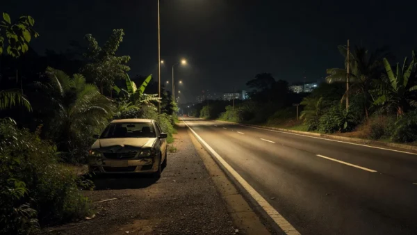 Rodovia brasileira com carro acidentado representando lei contra motoristas embriagados