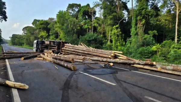Caminhão com toras tombado interdita BR-364 entre Porto Velho e Candeias do Jamari