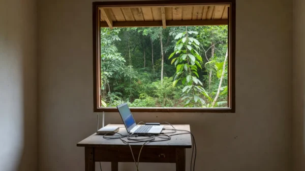 Ambiente de home office com laptop e internet instável em Porto Velho