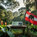 Urna eleitoral em cenário amazônico de Rondônia para candidato a deputado federal pelo Republicanos