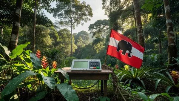 Urna eleitoral em cenário amazônico de Rondônia para candidato a deputado federal pelo Republicanos