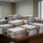 Tribunal do Trabalho TRT-14 em Rondônia com pilhas de processos judiciais