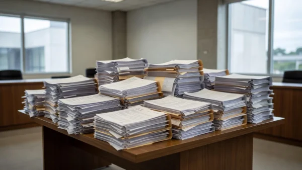 Tribunal do Trabalho TRT-14 em Rondônia com pilhas de processos judiciais