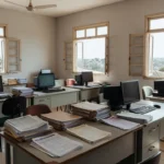 Sala administrativa da Prefeitura de Porto Velho com documentos do CadÚnico