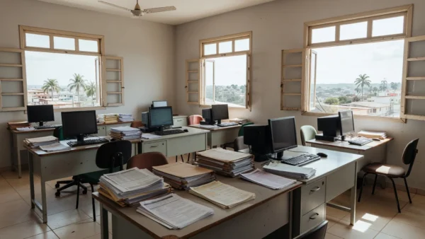Sala administrativa da Prefeitura de Porto Velho com documentos do CadÚnico