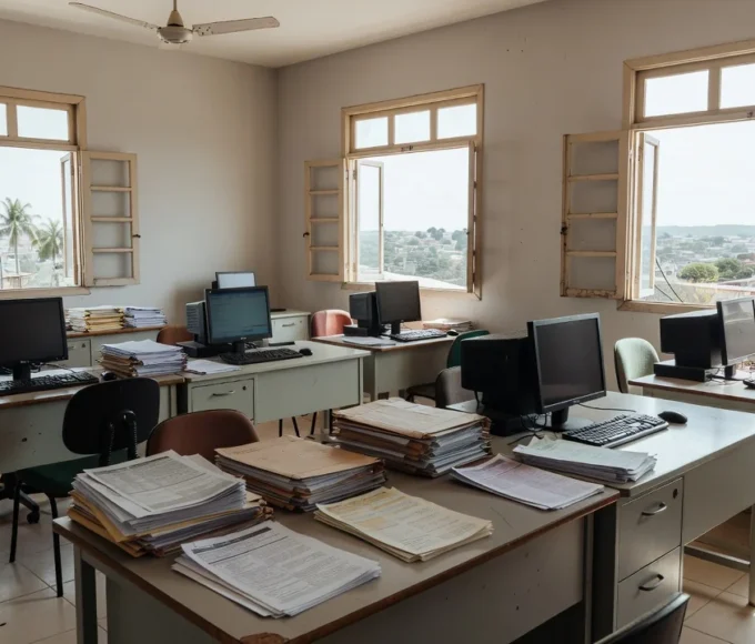 Sala administrativa da Prefeitura de Porto Velho com documentos do CadÚnico