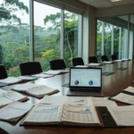 Sala de reunião do TCE-RO com documentos sobre contas públicas em Rondônia