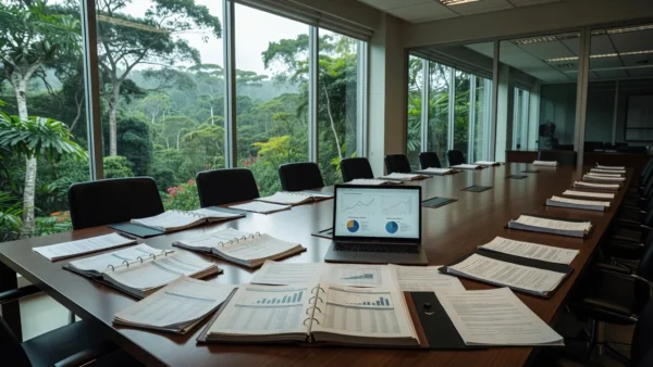 Sala de reunião do TCE-RO com documentos sobre contas públicas em Rondônia