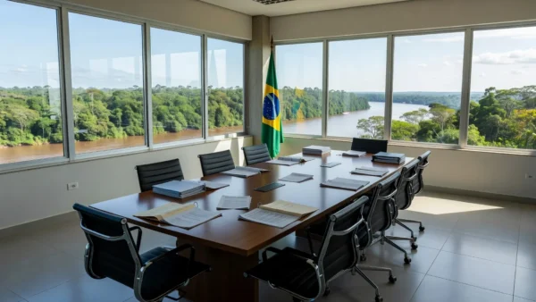 Sala de reuniões na prefeitura de Porto Velho com mesa e documentos