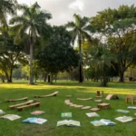 Parque público brasileiro com brinquedos terapêuticos simbolizando apoio à maternidade atípica