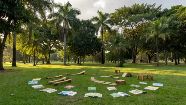 Parque público brasileiro com brinquedos terapêuticos simbolizando apoio à maternidade atípica