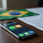 Smartphone com notificações de intimação judicial por WhatsApp e SMS no Brasil