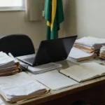 Escritório de secretaria de segurança pública no Brasil com documentos e bandeira