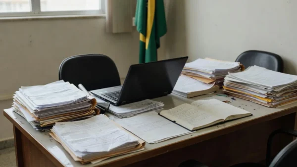 Escritório de secretaria de segurança pública no Brasil com documentos e bandeira