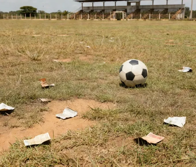 Campo de futebol em Porto Velho com bola e bilhetes de rifa para avaliação no Grêmio Novorizontino