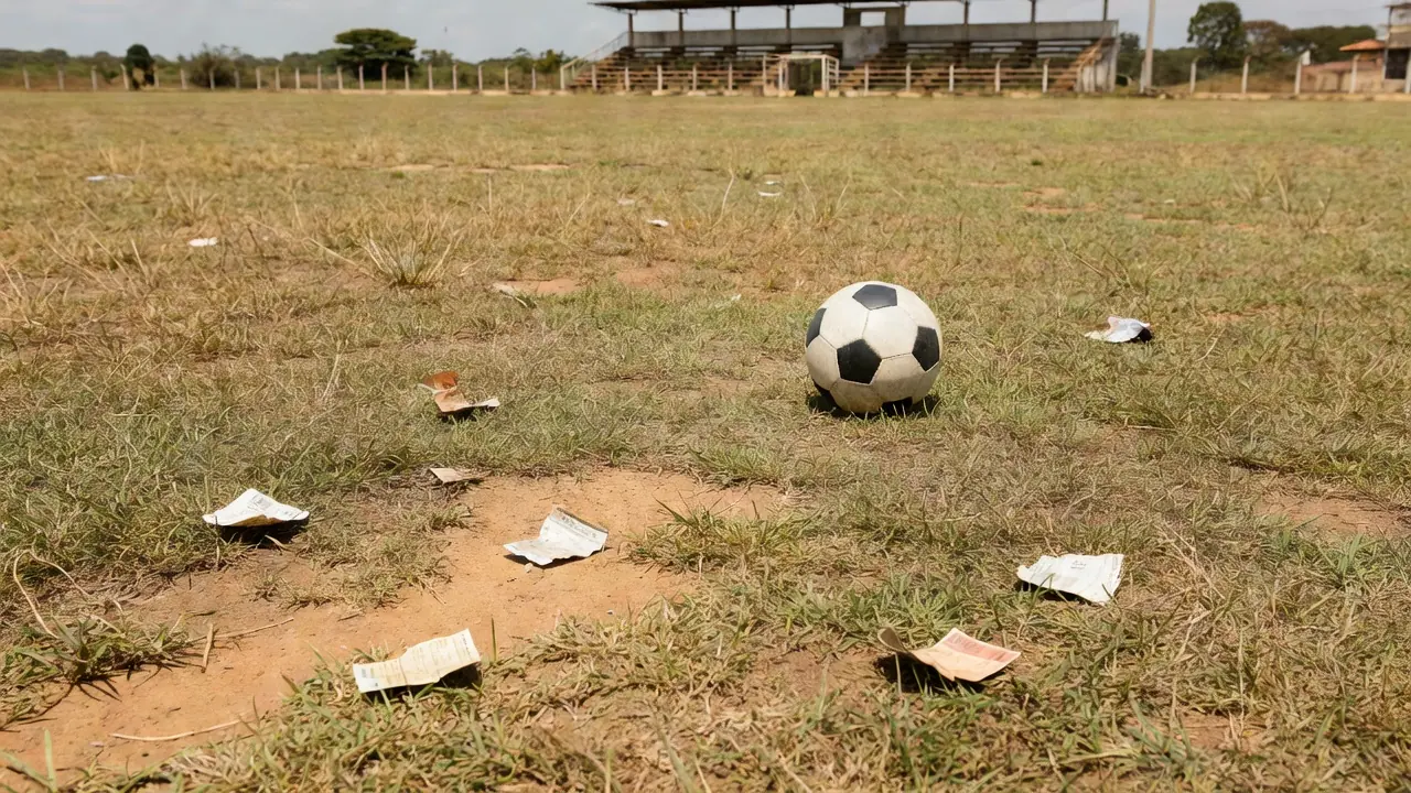 Campo de futebol em Porto Velho com bola e bilhetes de rifa para avaliação no Grêmio Novorizontino