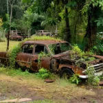 Carro enferrujado apodrecendo em pátio do Detran em Rondônia