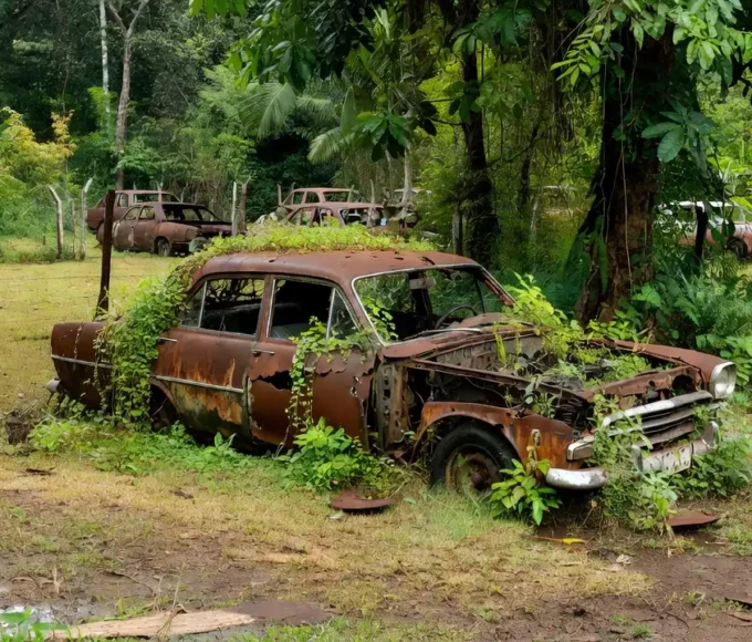 Carro enferrujado apodrecendo em pátio do Detran em Rondônia