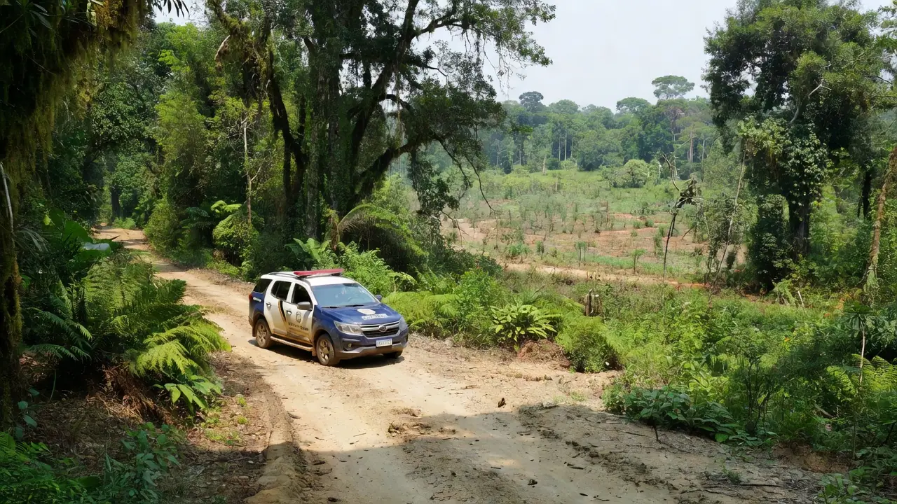 Viatura policial em estrada rural de Jaci-Paraná, Rondônia